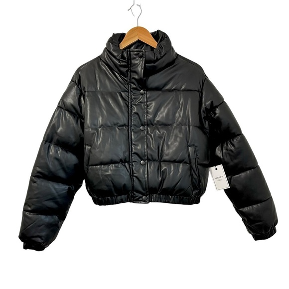 Forever 21 Faux Leather Puffer Jacket Size Large Medium Black Premium Label NWT - Picture 1 of 10